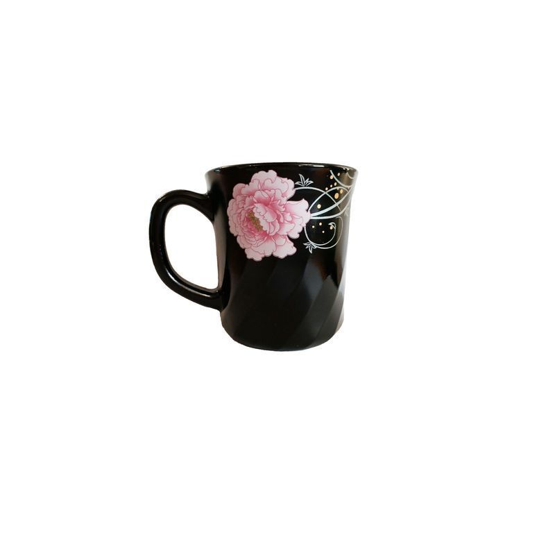 Casa si Gradina - Bucatarie si vesela - Cani si pahare - Cani si cesti - Cana neagra, opal, adanca, 290ml, decor floral roz - Infinity.ro