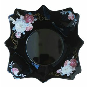 Bol mare, negru, patrat, opal, adanc, 19 cm, decor floral trandafiri