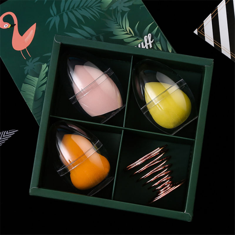 Ingrijire personala si Cosmetice - Machiaj - Aplicatoare si pensule machiaj - Burete pentru machiaj, set 3 bucati, suport metalic, verde, multicolor - Infinity.ro