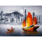 Casa si Gradina - Decoratiuni - Tapet - Tablou canvas Port, corabie rosie, pictura, alb-negru, 105 x 70 cm - Infinity.ro