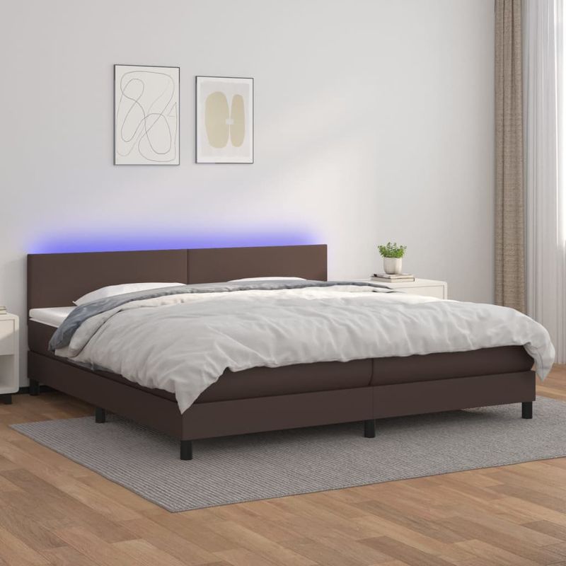 Casa si Gradina - Mobilier - Paturi si accesorii - Paturi - Pat continental cu saltea și LED, saltea și LED, maro, 200x200cm, piele ecologica, model design simplu - Infinity.ro