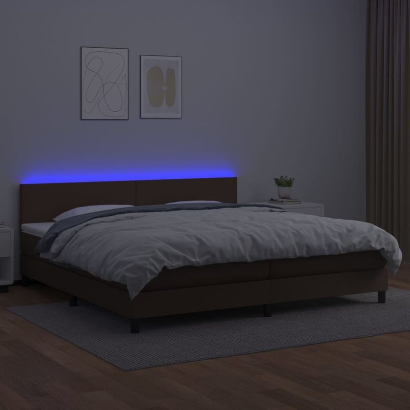 Casa si Gradina - Mobilier - Paturi si accesorii - Paturi - Pat continental cu saltea și LED, saltea și LED, maro, 200x200cm, piele ecologica, model design simplu - Infinity.ro