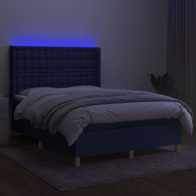 Casa si Gradina - Mobilier - Paturi si accesorii - Paturi - Pat cu arcuri, saltea si LED, albastru, 140x190 cm, textil - Infinity.ro