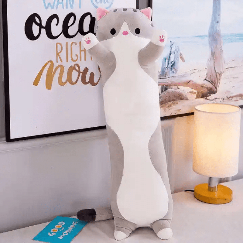 Petshop - Accesorii petshop - Jucarii animale - Jucarii interactive animale - Jucarie pisica plus lunga, tip perna, lavabila, umplutura hipoalergenica, lungime 50 cm, culoare gri-alb 3+ ani ABYZ - Infinity.ro