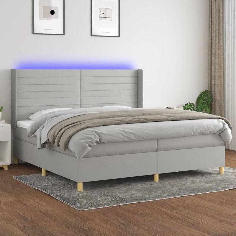 Casa si Gradina - Mobilier - Paturi si accesorii - Paturi - Pat cu arcuri, saltea si LED, gri deschis, 200x200 cm, textil - Infinity.ro