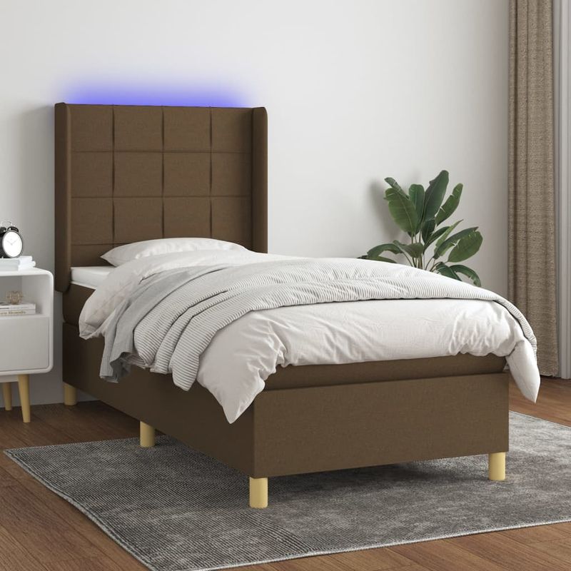 Casa si Gradina - Mobilier - Paturi si accesorii - Paturi - Pat cu arcuri, saltea si LED, maro inchis, 80x200 cm, textil - Infinity.ro