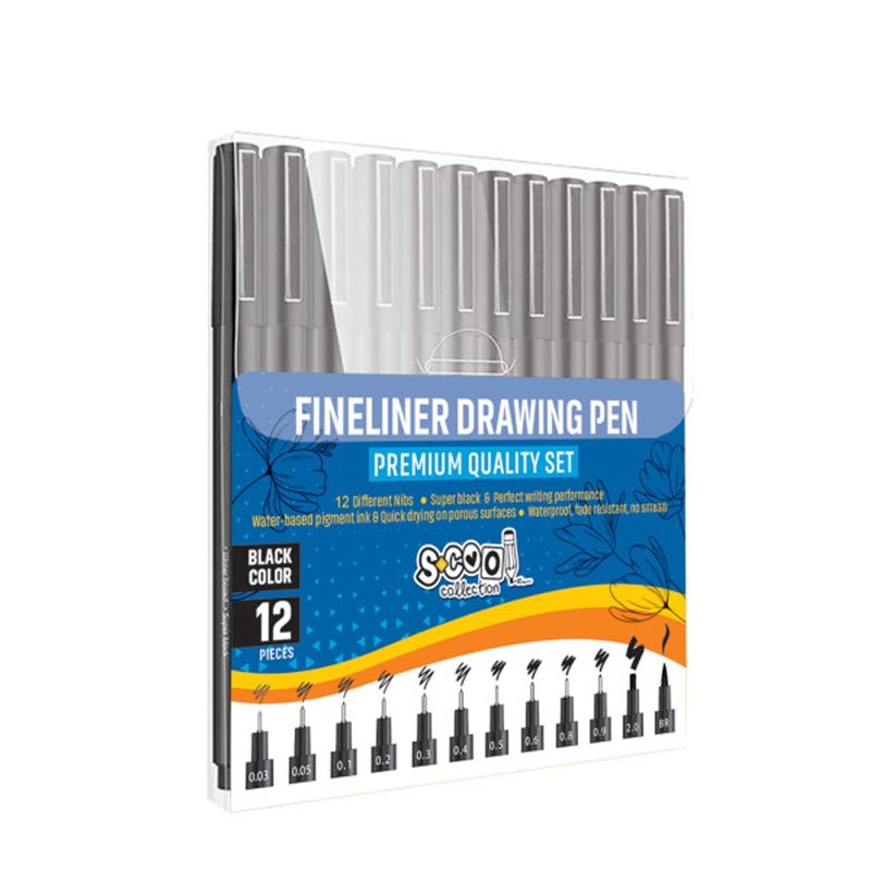 Carti si Birotica - Birotica - Instrumente de scris - Markere si carioci - Fineliner, diferite dimensiuni 0.03-2 mm + varf tip pensula, 12 buc/set - S-COOL - Infinity.ro