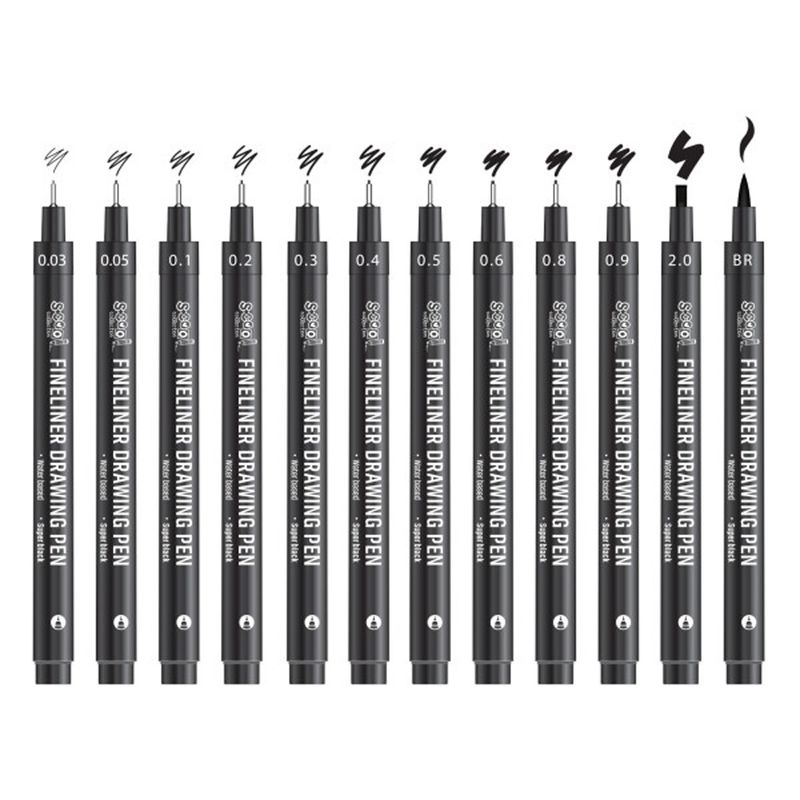 Carti si Birotica - Birotica - Instrumente de scris - Markere si carioci - Fineliner, diferite dimensiuni 0.03-2 mm + varf tip pensula, 12 buc/set - S-COOL - Infinity.ro