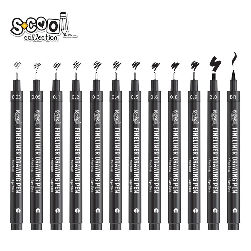 Carti si Birotica - Birotica - Instrumente de scris - Markere si carioci - Fineliner, diferite dimensiuni 0.03-2 mm + varf tip pensula, 12 buc/set - S-COOL - Infinity.ro