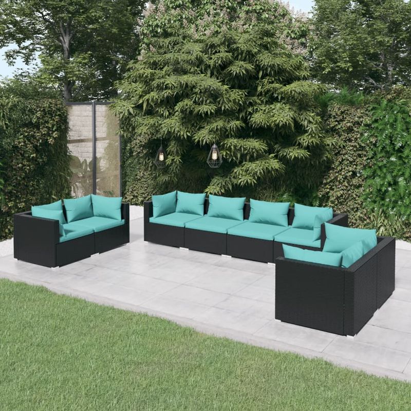 Casa si Gradina - Gradina si terasa - Mobilier exterior - Seturi mobila gradina - Set mobilier de gradina cu perne, 8 piese, negru, poliratan - Infinity.ro