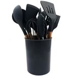 Casa si Gradina - Bucatarie si vesela - Ustensile bucatarie - Pensule, spatule si teluri bucatarie - Set ustensile de bucatarie din silicon si lemn 12 piese si suport - Negru - Infinity.ro