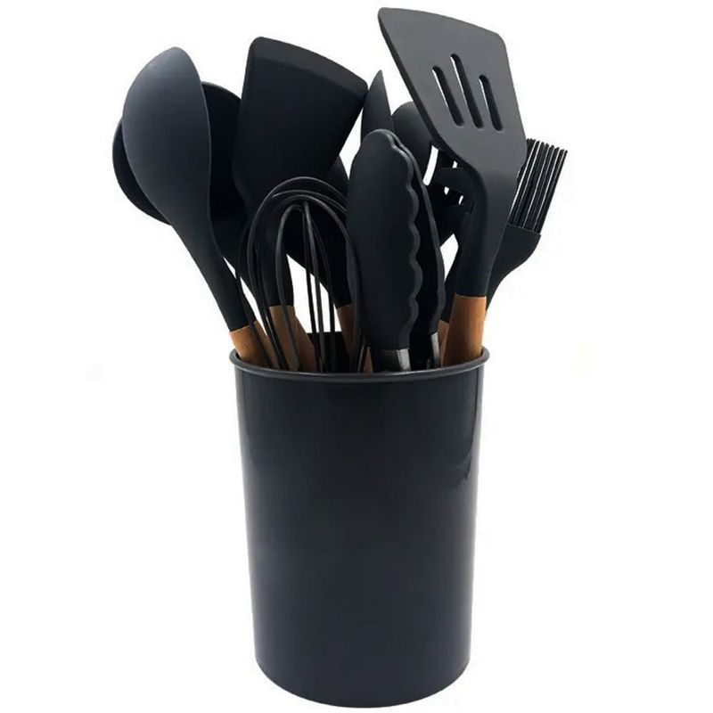 Casa si Gradina - Bucatarie si vesela - Ustensile bucatarie - Pensule, spatule si teluri bucatarie - Set ustensile de bucatarie din silicon si lemn 12 piese si suport - Negru - Infinity.ro