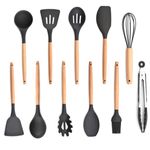 Casa si Gradina - Bucatarie si vesela - Ustensile bucatarie - Pensule, spatule si teluri bucatarie - Set ustensile de bucatarie din silicon si lemn 12 piese si suport - Negru - Infinity.ro