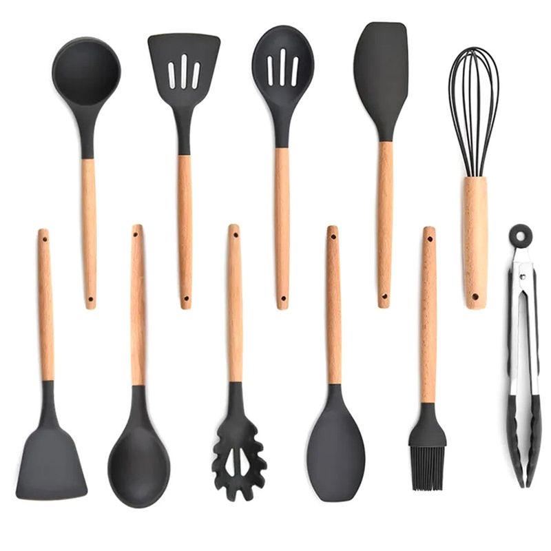 Casa si Gradina - Bucatarie si vesela - Ustensile bucatarie - Pensule, spatule si teluri bucatarie - Set ustensile de bucatarie din silicon si lemn 12 piese si suport - Negru - Infinity.ro