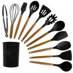 Casa si Gradina - Bucatarie si vesela - Ustensile bucatarie - Pensule, spatule si teluri bucatarie - Set ustensile de bucatarie din silicon si lemn 12 piese si suport - Negru - Infinity.ro