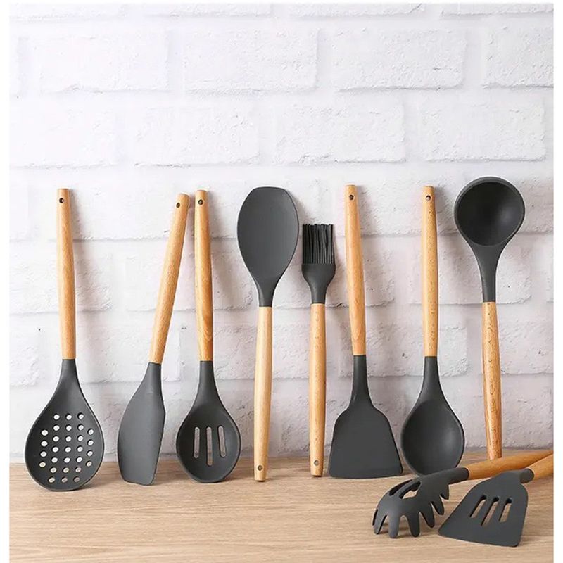 Casa si Gradina - Bucatarie si vesela - Ustensile bucatarie - Pensule, spatule si teluri bucatarie - Set ustensile de bucatarie din silicon si lemn 12 piese si suport - Negru - Infinity.ro