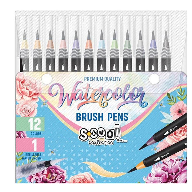 Carti si Birotica - Birotica - Instrumente de scris - Markere si carioci - Set markere cu varf tip pensula pe baza de apa + pensula cu rezervor, 12+1 - S-COOL - Infinity.ro