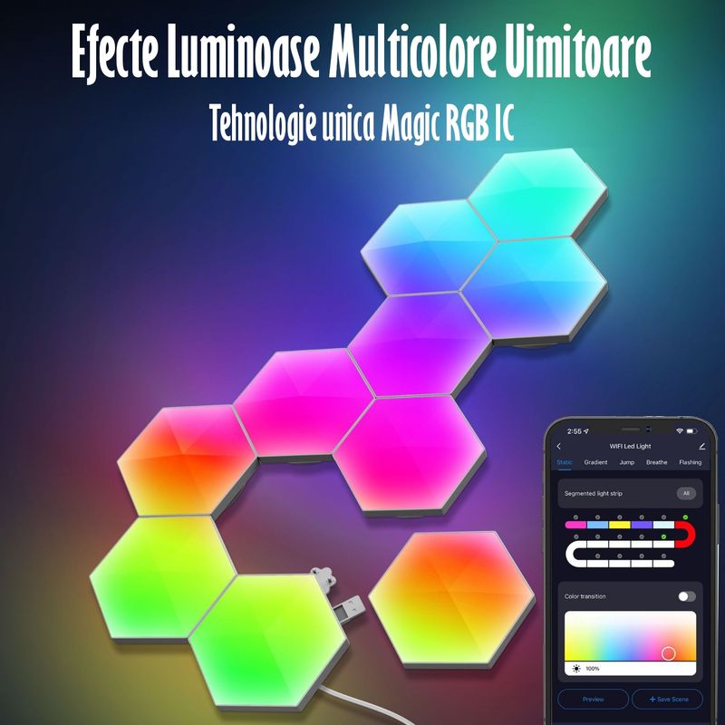 Casa si Gradina - Corpuri si surse de iluminat - Benzi LED - Lampa Modulara Inteligenta, Aprindere prin Atingere,Led RGB,6 Panouri Tactile,App control IOS/Android,Alexa/Google Home - Infinity.ro