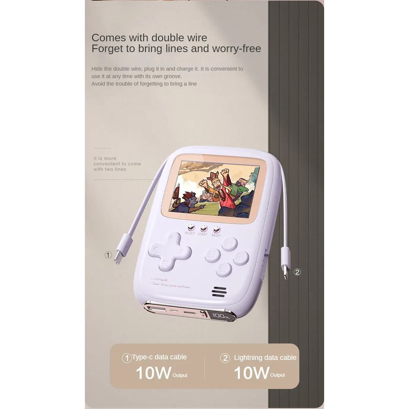 PC, gaming si accesorii - Gaming - Console gaming - Consola portabila 2 in 1 cu 500 de jocuri, Power Bank 10000 mAh cu fire type C si lightning, mov - Infinity.ro