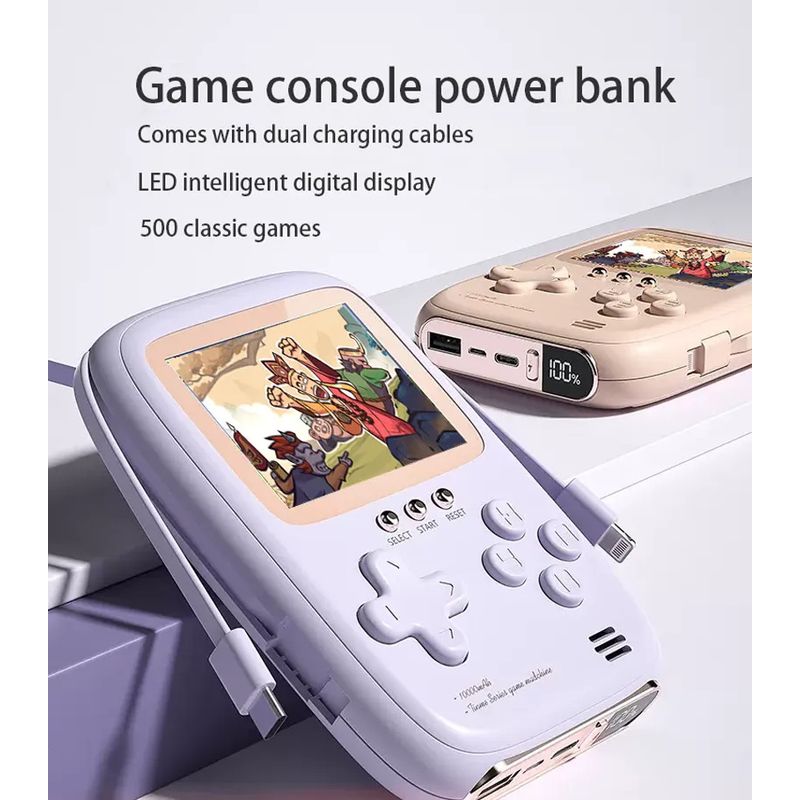 PC, gaming si accesorii - Gaming - Console gaming - Consola portabila 2 in 1 cu 500 de jocuri, Power Bank 10000 mAh cu fire type C si lightning, mov - Infinity.ro