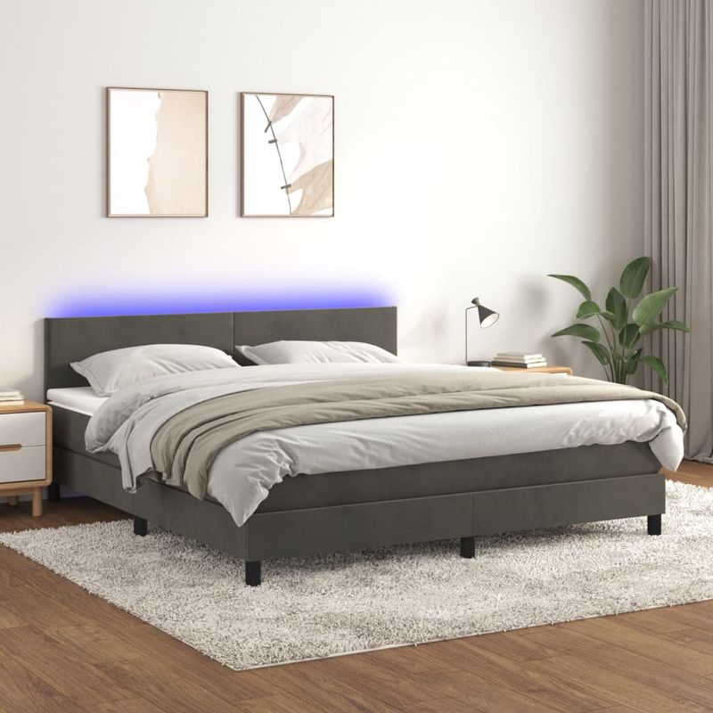 Casa si Gradina - Mobilier - Paturi si accesorii - Paturi - Pat cu arcuri, saltea si LED, gri inchis, 180x200 cm, catifea - Infinity.ro