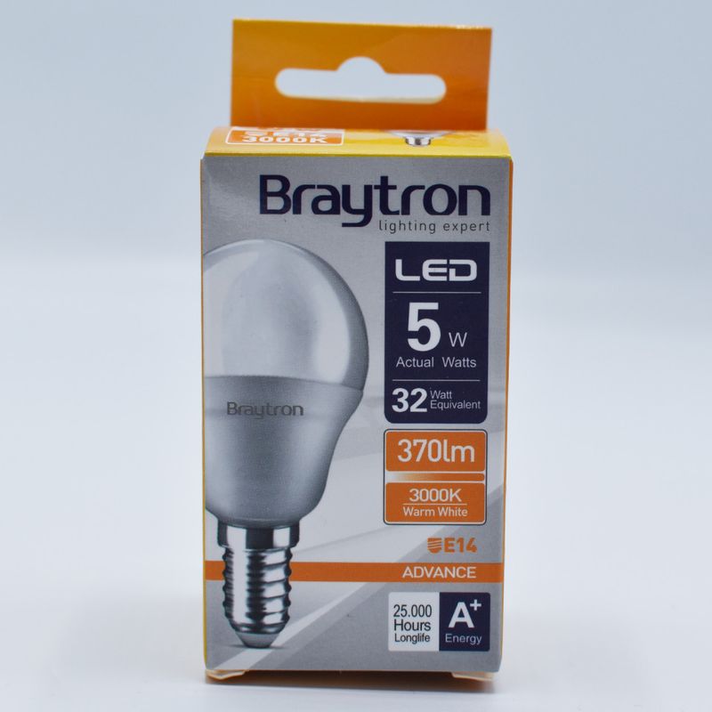 Casa si Gradina - Corpuri si surse de iluminat - Becuri si tuburi neon - Becuri - Bec led sferic 5W (32W), E14, P45, 370lm, lumina calda (3000K), opal, Braytron - Infinity.ro