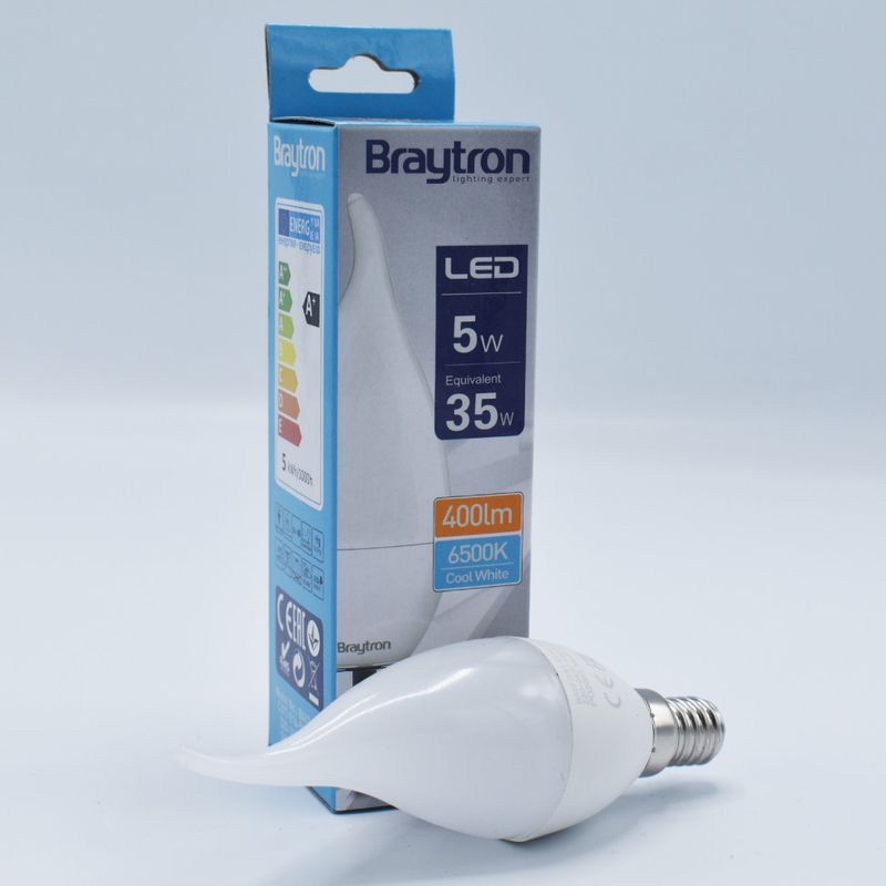 Casa si Gradina - Corpuri si surse de iluminat - Becuri si tuburi neon - Becuri - Bec led flacara 5W (35W), E14, C37T, 400lm, lumina rece (6500K), opal, Braytron - Infinity.ro