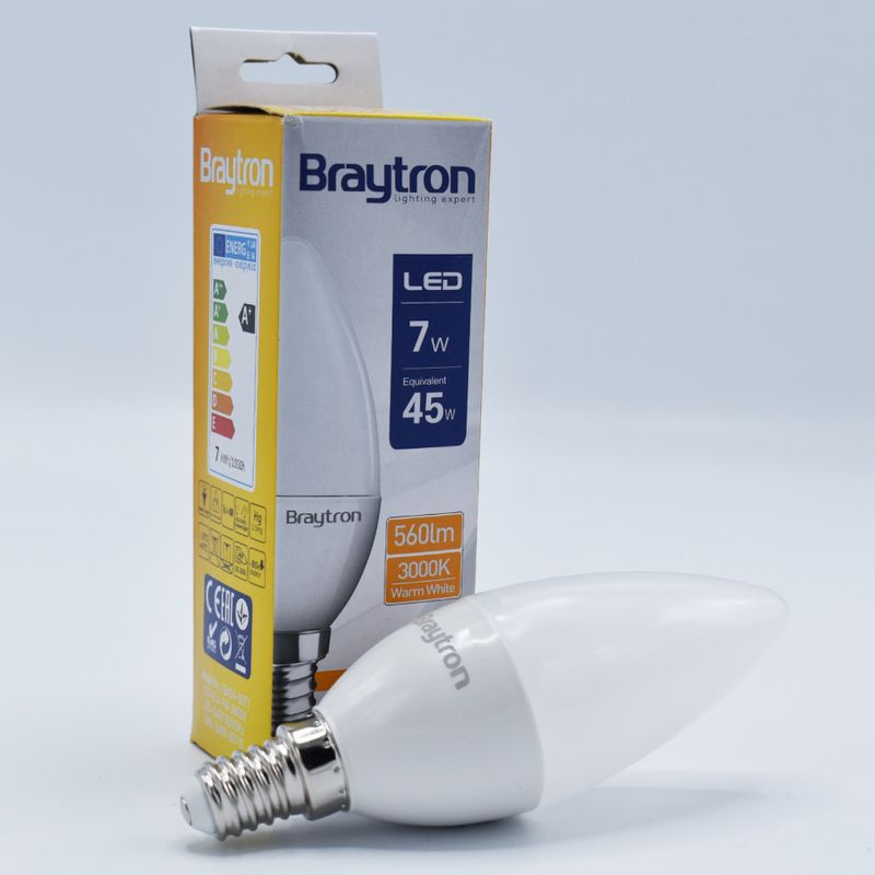 Casa si Gradina - Corpuri si surse de iluminat - Becuri si tuburi neon - Becuri - Bec led lumanare 7W (45W), E14, C37, 560lm, lumina calda (3000K), opal, Braytron - Infinity.ro