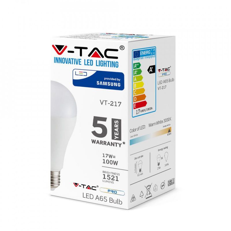 Casa si Gradina - Corpuri si surse de iluminat - Becuri si tuburi neon - Becuri - Bec led 17W(100W), E27, cip Samsung, 1521 lm, lumina calda, V-TAC - Infinity.ro
