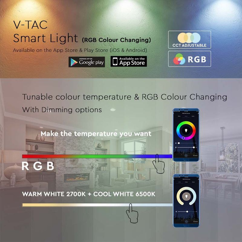Casa si Gradina - Corpuri si surse de iluminat - Becuri si tuburi neon - Becuri - Bec Smart LED 8.5W V-TAC, RGB+CCT(2700-6500K), dulie E27, compatibil Alexa/Google - Infinity.ro