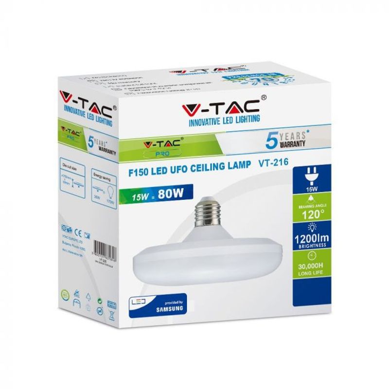 Casa si Gradina - Corpuri si surse de iluminat - Becuri si tuburi neon - Becuri - Bec UFO LED, Cip Samsung, E27, 36W(170W), 2900lm, lumina rece 6400K, alb, V-TAC - Infinity.ro