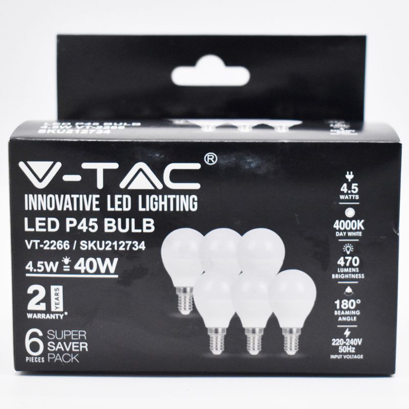 Casa si Gradina - Corpuri si surse de iluminat - Becuri si tuburi neon - Becuri - Set 6 becuri LED sferice 4.5W (40W), E14, P45, 470 lm, lumina neutra (4000K), opal, V-TAC - Infinity.ro