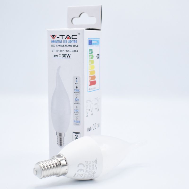 Casa si Gradina - Corpuri si surse de iluminat - Becuri si tuburi neon - Becuri - Bec LED flacara 4W (30W), E14, C37T, 320 lm, lumina calda (2700K), opal, V-TAC - Infinity.ro