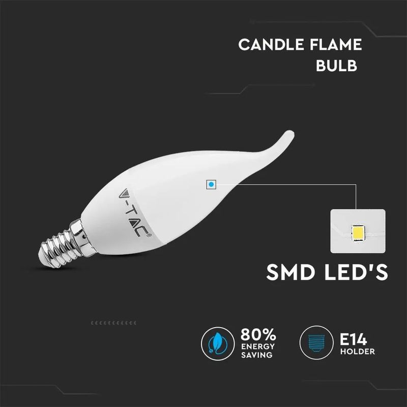 Casa si Gradina - Corpuri si surse de iluminat - Becuri si tuburi neon - Becuri - Bec led flacara 4W (30W), E14, C37T, 320 lm, lumina rece (6400K), opal, V-TAC - Infinity.ro