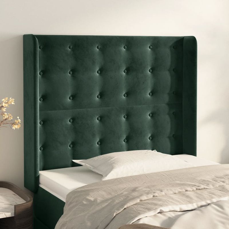 Casa si Gradina - Mobilier - Paturi si accesorii - Accesorii paturi - Tablie pat cu aripioare verde inchis 103x16x118/128 cm catifea - Infinity.ro