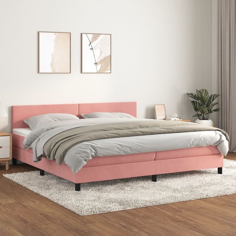 Casa si Gradina - Mobilier - Paturi si accesorii - Paturi - Pat box spring cu saltea, roz, 200x200 cm, catifea - Infinity.ro