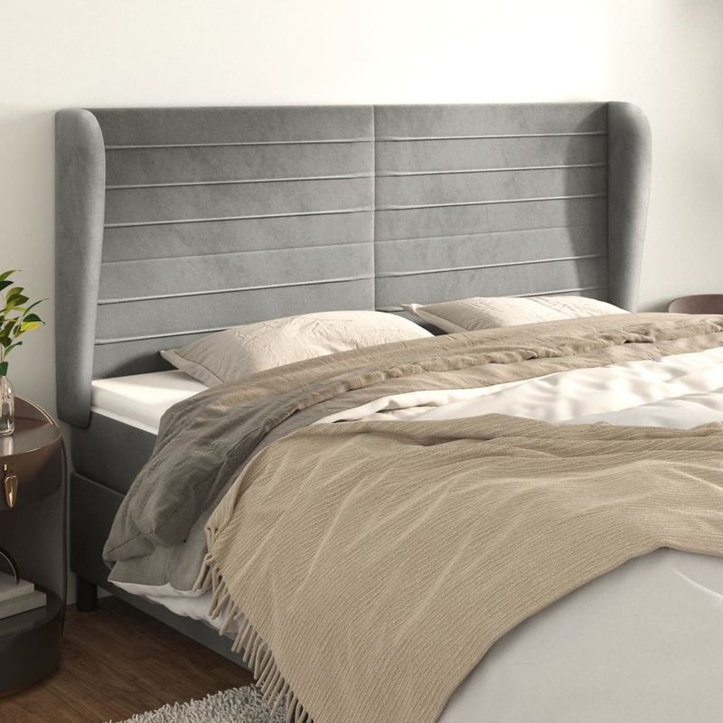 Casa si Gradina - Mobilier - Paturi si accesorii - Accesorii paturi - Tablie de pat cu aripioare gri deschis 203x23x118/128cm catifea - Infinity.ro