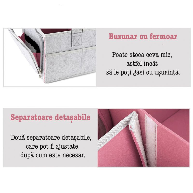 Jucarii, Copii si Bebe - Maternitate - Genti bebelusi - Geanta organizator scutece si accesorii copii/bebelusi,Quasar & Co.®, 3 compartimente/8 buzunare,fetru,gri luminos-roz - Infinity.ro