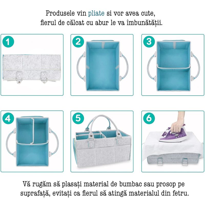 Jucarii, Copii si Bebe - Maternitate - Genti bebelusi - Geanta organizator scutece si accesorii copii/bebelusi,Quasar & Co.®, 3 compartimente/8 buzunare,fetru,gri deschis-bleu - Infinity.ro