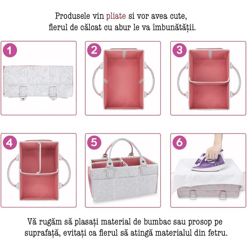 Jucarii, Copii si Bebe - Maternitate - Genti bebelusi - Geanta organizator scutece si accesorii copii/bebelusi,Quasar & Co.®, 3 compartimente/8 buzunare,fetru,gri luminos-roz - Infinity.ro