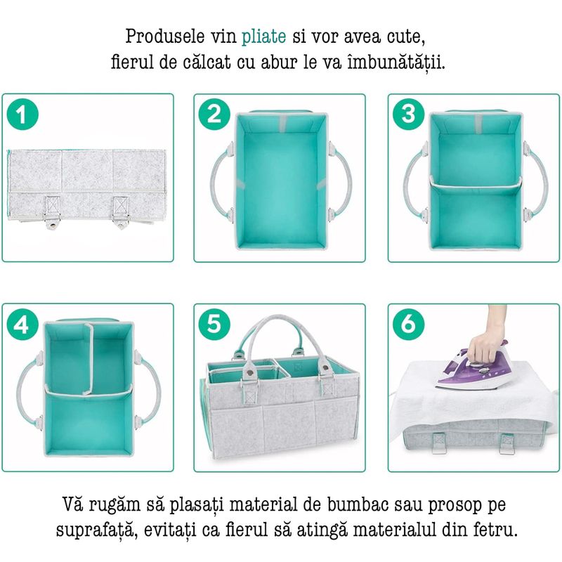 Jucarii, Copii si Bebe - Maternitate - Genti bebelusi - Geanta organizator scutece si accesorii copii/bebelusi,Quasar & Co.®, 3 compartimente/8 buzunare,fetru,gri-turcoaz - Infinity.ro