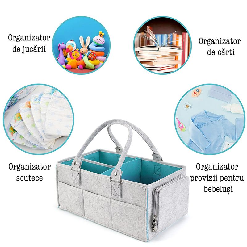 Jucarii, Copii si Bebe - Maternitate - Genti bebelusi - Geanta organizator scutece si accesorii copii/bebelusi,Quasar & Co.®, 3 compartimente/8 buzunare,fetru,gri deschis-bleu - Infinity.ro