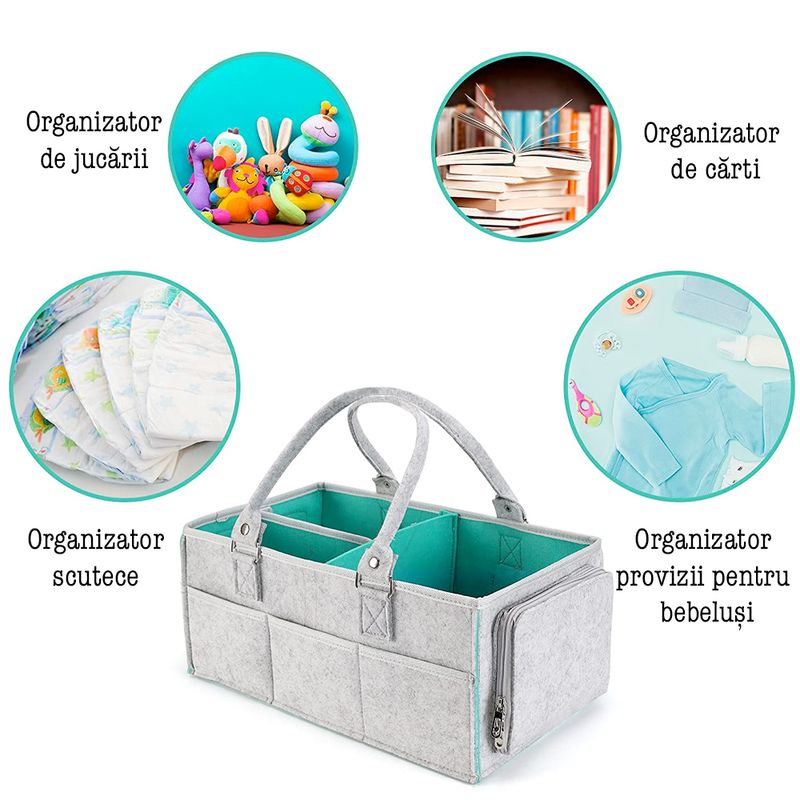 Jucarii, Copii si Bebe - Maternitate - Genti bebelusi - Geanta organizator scutece si accesorii copii/bebelusi,Quasar & Co.®, 3 compartimente/8 buzunare,fetru,gri-turcoaz - Infinity.ro
