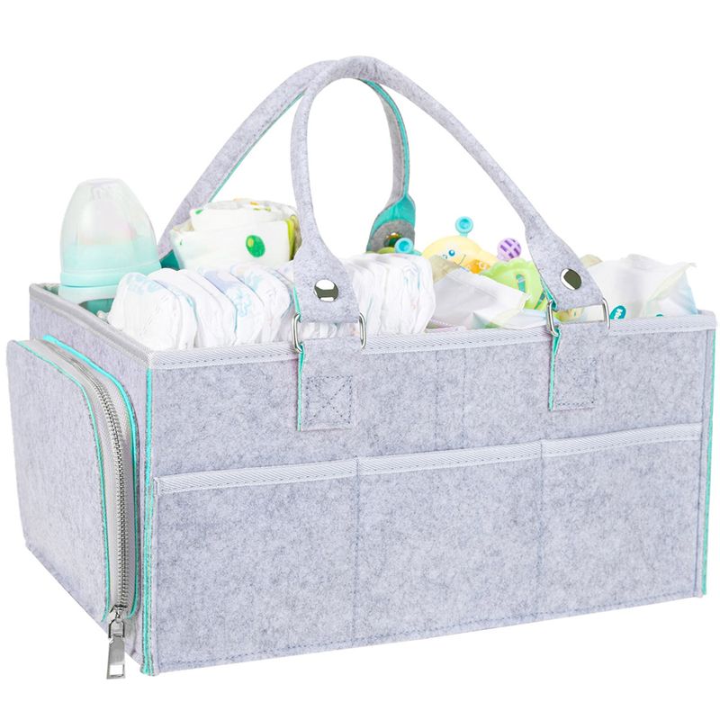 Jucarii, Copii si Bebe - Maternitate - Genti bebelusi - Geanta organizator scutece si accesorii copii/bebelusi,Quasar & Co.®, 3 compartimente/8 buzunare,fetru,gri-turcoaz - Infinity.ro
