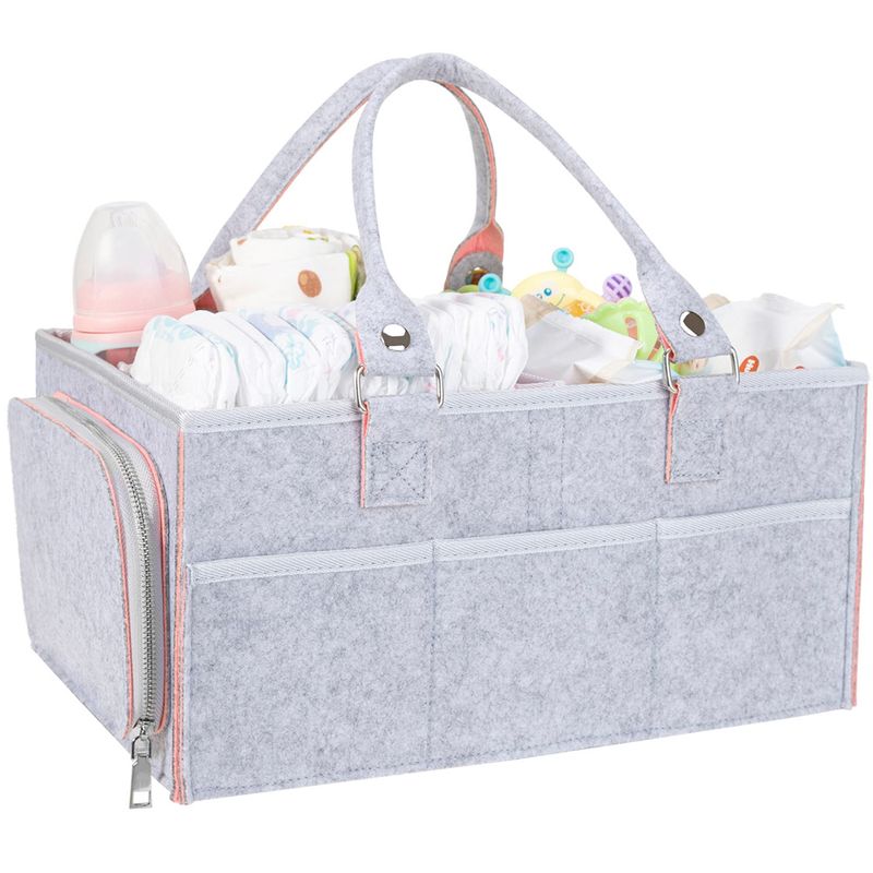 Jucarii, Copii si Bebe - Maternitate - Genti bebelusi - Geanta organizator scutece si accesorii copii/bebelusi,Quasar & Co.®, 3 compartimente/8 buzunare,fetru,gri luminos-roz - Infinity.ro
