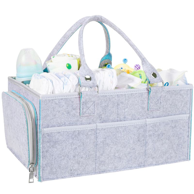 Jucarii, Copii si Bebe - Maternitate - Genti bebelusi - Geanta organizator scutece si accesorii copii/bebelusi,Quasar & Co.®, 3 compartimente/8 buzunare,fetru,gri deschis-bleu - Infinity.ro