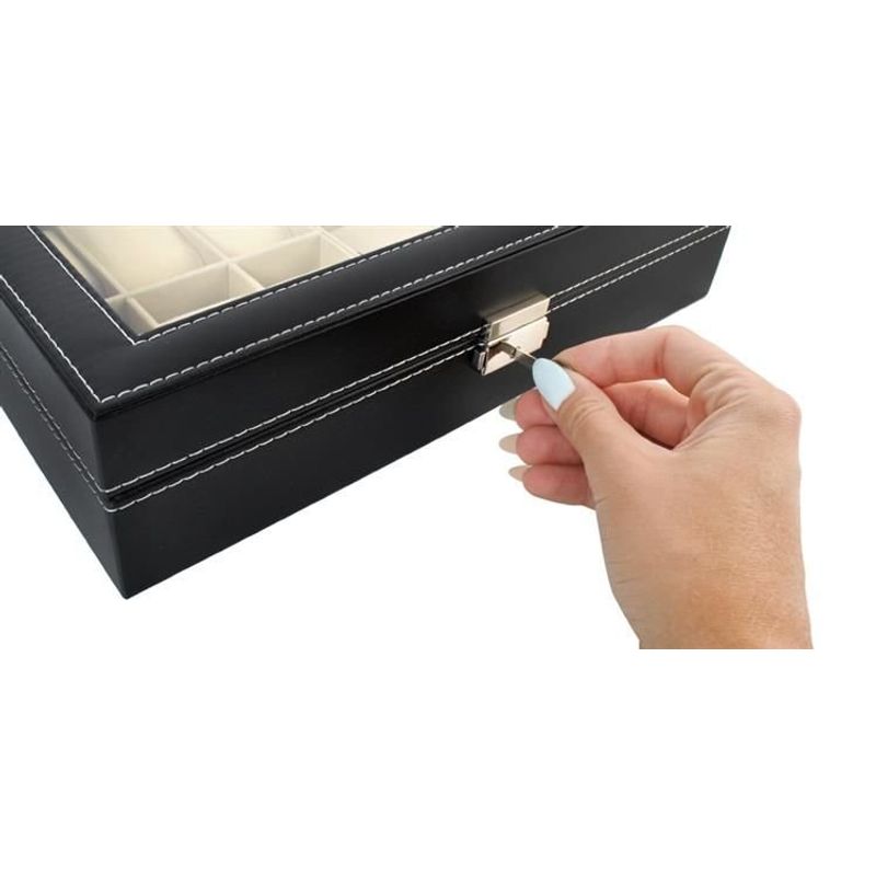 Fashion, accesorii si bijuterii - Femei - Bijuterii femei - Cutii bijuterii - Organizator Elegant Negru pentru Ceasuri si Ochelari, din Eco-Piele si Velur, cu 6+3 Compartimente, 33.5x20.5x8 cm - Infinity.ro