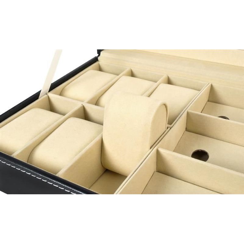 Fashion, accesorii si bijuterii - Femei - Bijuterii femei - Cutii bijuterii - Organizator Elegant Negru pentru Ceasuri si Ochelari, din Eco-Piele si Velur, cu 6+3 Compartimente, 33.5x20.5x8 cm - Infinity.ro