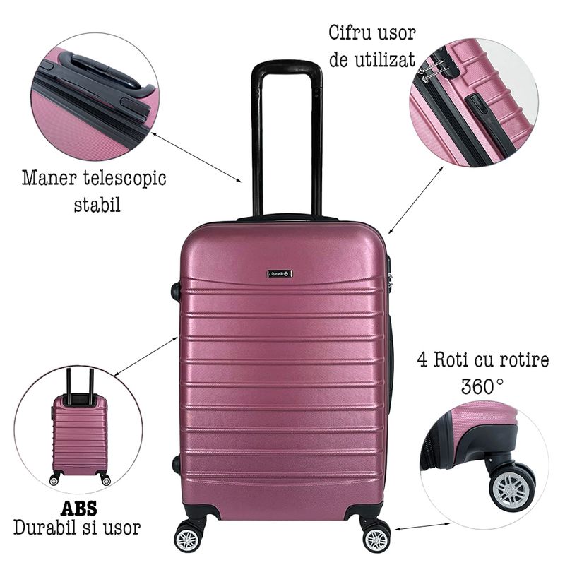 Sport si Outdoor - Articole de voiaj - Trolere - Troler Mare, Quasar & Co.®, Model Compatible Air, 4 roti 360 grade, cifru, maner telescopic, ABS,77x52x31 cm, roz pudrat - Infinity.ro