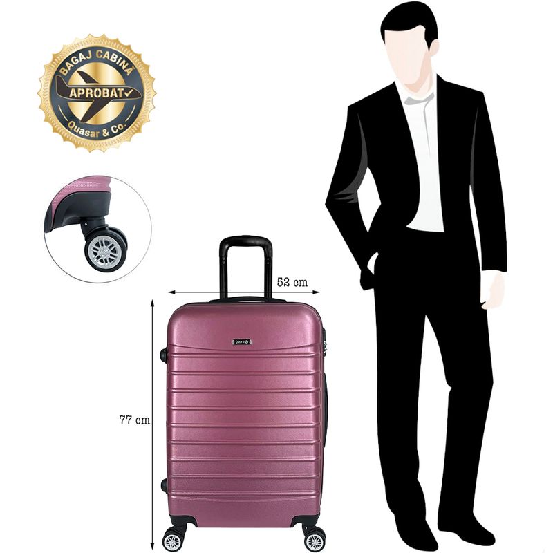 Sport si Outdoor - Articole de voiaj - Trolere - Troler Mare, Quasar & Co.®, Model Compatible Air, 4 roti 360 grade, cifru, maner telescopic, ABS,77x52x31 cm, roz pudrat - Infinity.ro